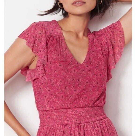 EVEREVE Elena Size Small Flutter Sleeves Pink Ditzy Floral Dress Tiered Hem - Picture 2 of 10